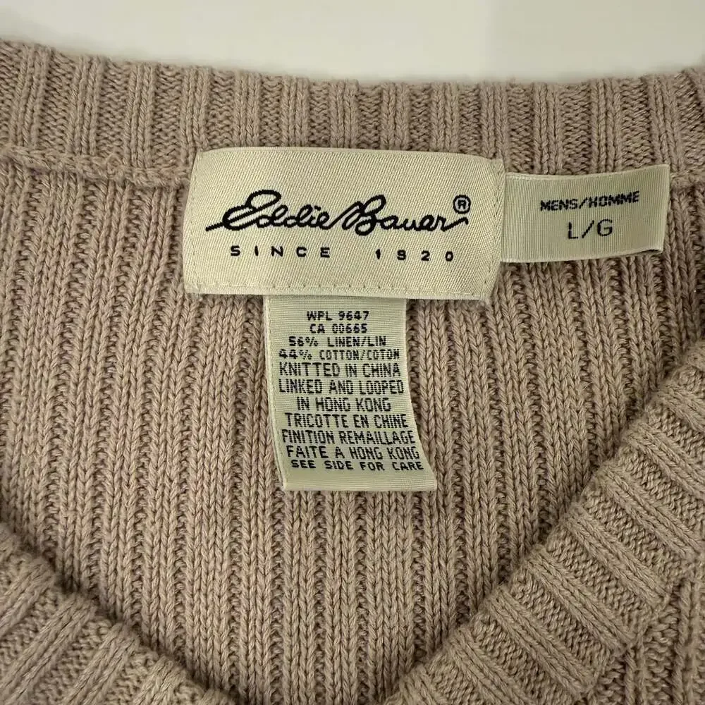 Eddie Bauer Men’s Tan Ribbed V-Neck Sweater Linen Cotton Blend Size L Vintage